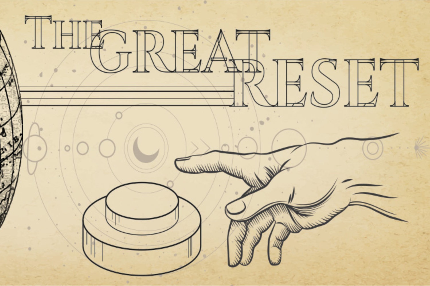 Grafik: Schriftzug „The Great Reset“, eine Hand drückt auf einen großen Knopf