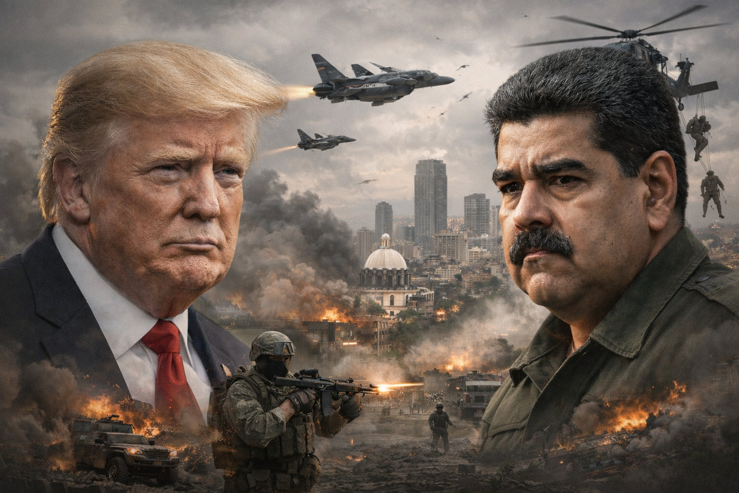 KI-generierte Illustration: Donald Trump und Nicolás Maduro vor einer Kampfszene in Caracas