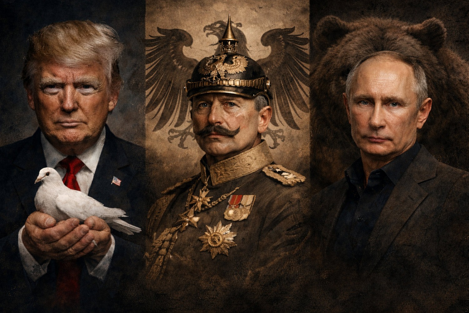 KI-generierte Illustration: Donald Trump mit Friedenstaube, daneben ein Kaiser mit Pickelhaube und ein Mann vor einem Bären
