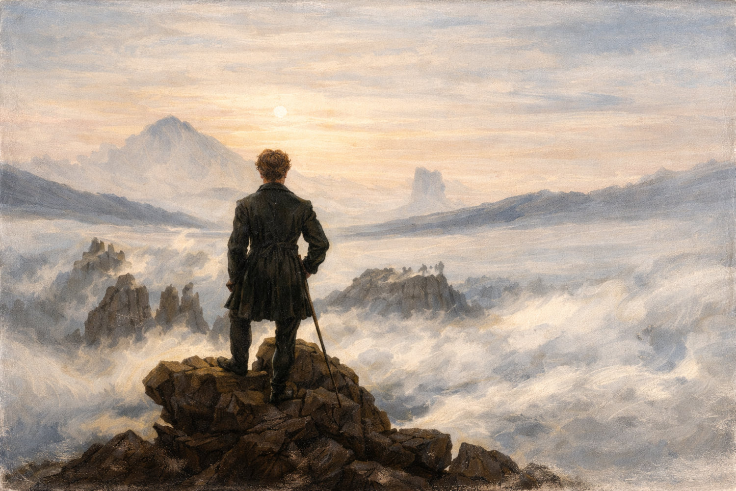 KI-Reproduktion nach Caspar David Friedrich: Der Wanderer über dem Nebelmeer
