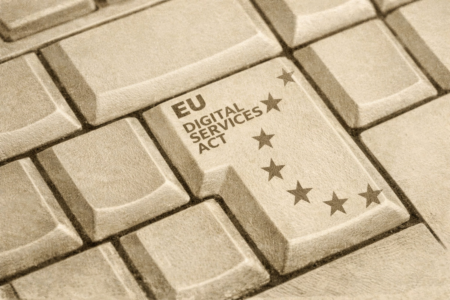KI-generierte Illustration: Tastatur mit einer Taste „EU Digital Services Act“