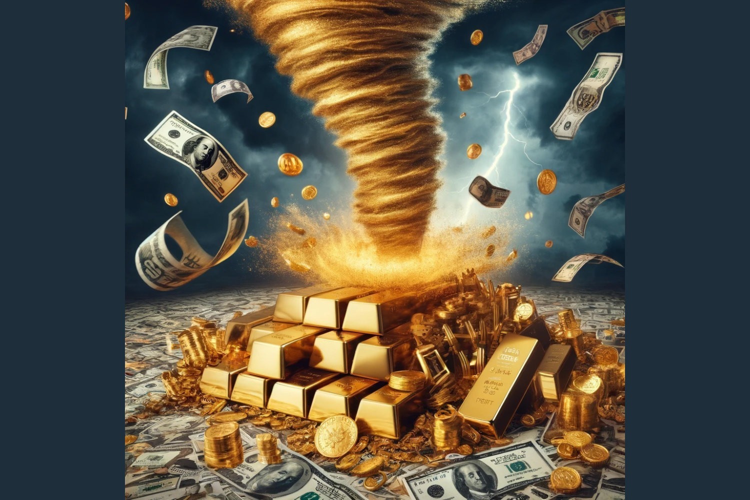 KI-generierte Illustration: Ein Wirbelsturm aus Geldscheinen über Goldbarren und Münzen