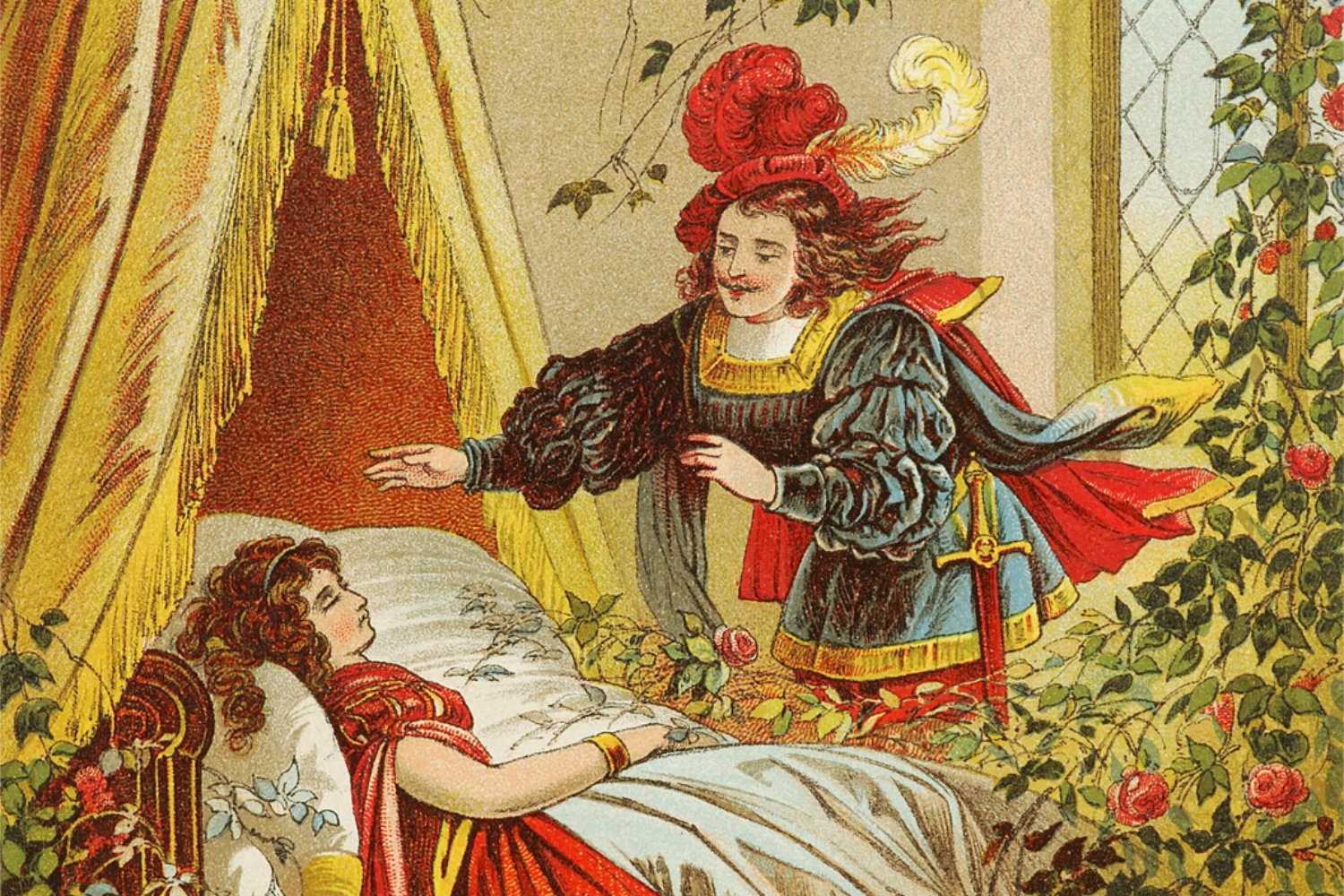 Historische Märchenillustration: Der Prinz findet Dornröschen schlafend im Himmelbett