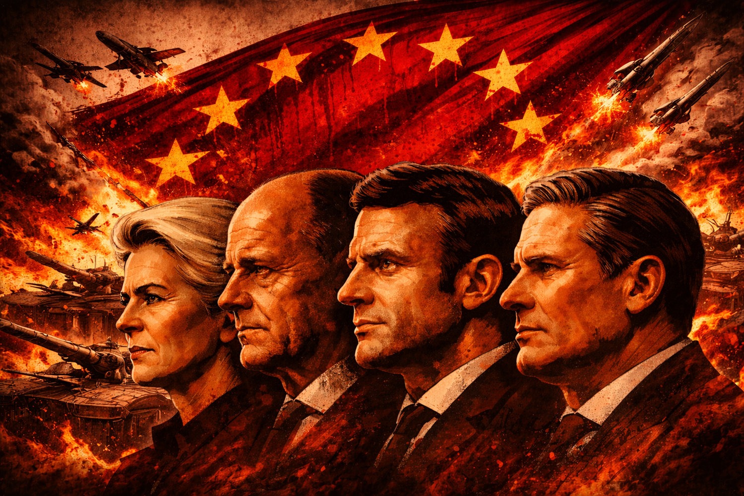 KI-generierte Illustration: Vier europäische Spitzenpolitiker im Profil vor Sternenflagge, Kampfjets und Flammen