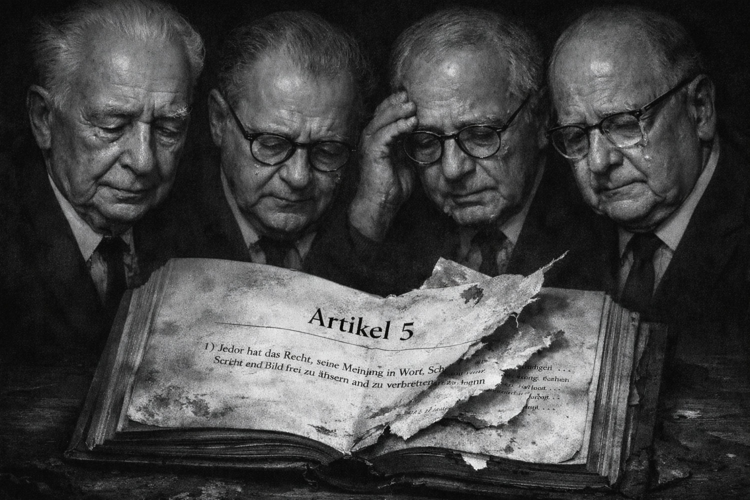 KI-generierte Illustration: Theodor Heuss, Carlo Schmid, Fritz Eberhard und Adolf Süsterhenn blicken bestürzt auf ein zerfleddertes Grundgesetz bei Artikel 5