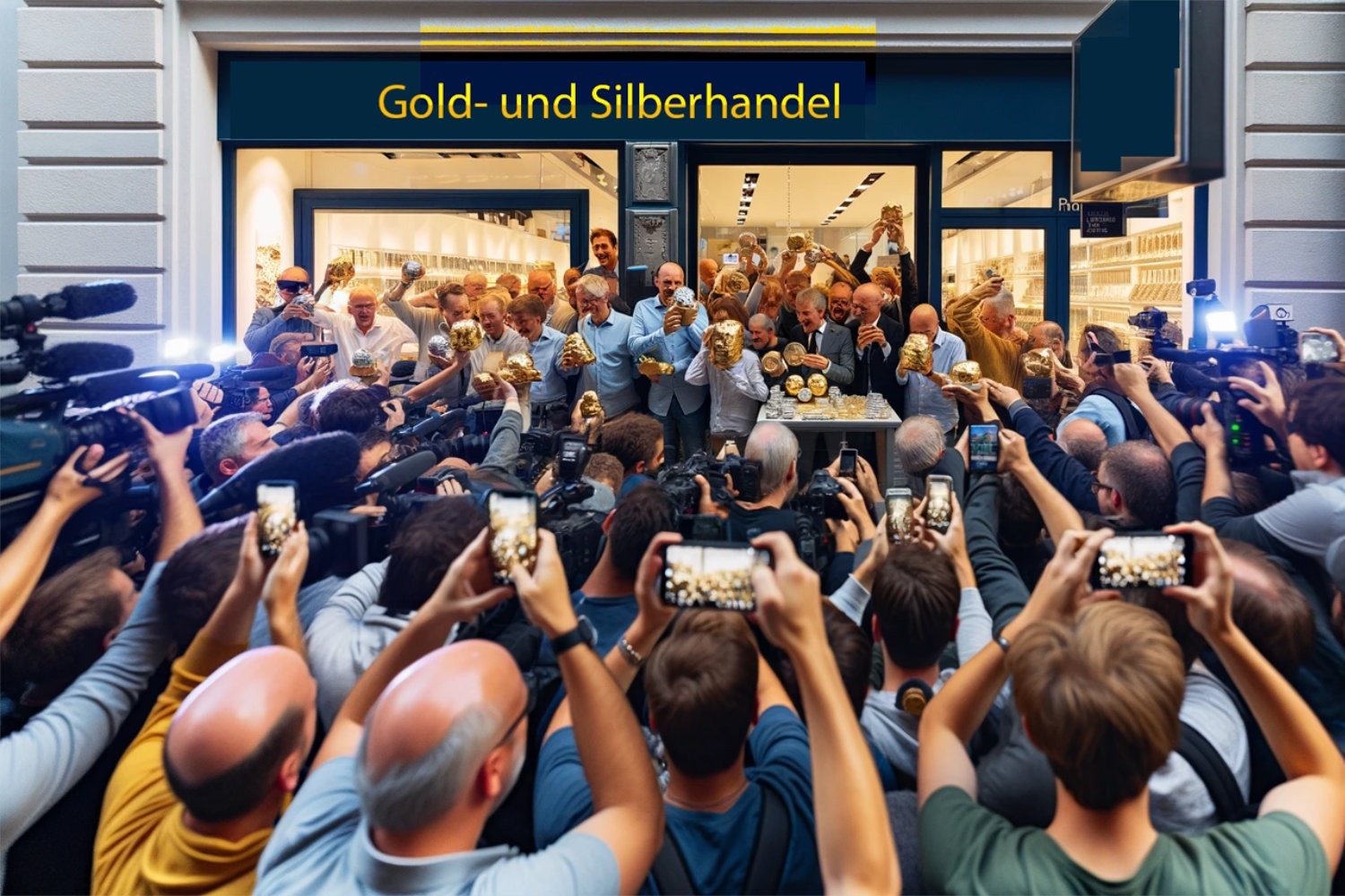 KI-generierte Illustration: Menschenmenge mit Smartphones vor einem Gold- und Silberhandel