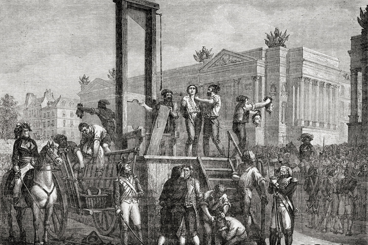 Historischer Stich: Hinrichtung Robespierres unter der Guillotine vor einer Menschenmenge