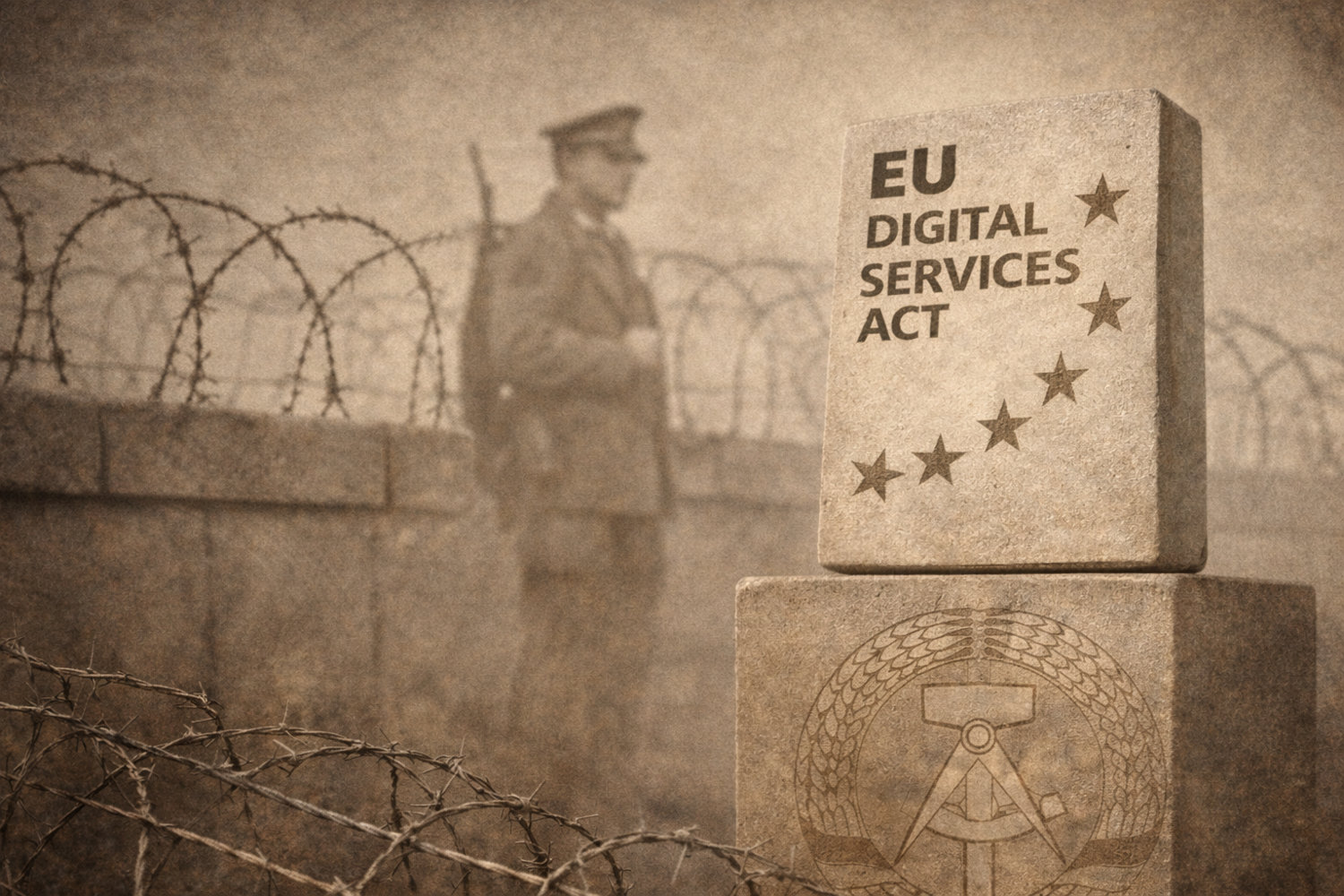 KI-generierte Illustration: Steinblock „EU Digital Services Act“ an einer Mauer mit Stacheldraht, dahinter ein Grenzposten