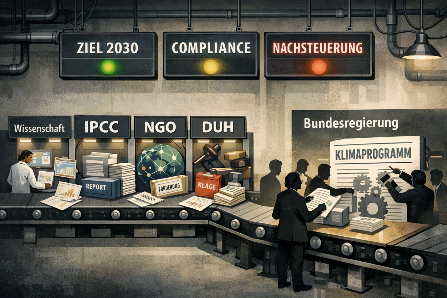 KI-generierte Illustration: Fließband, auf dem Wissenschaft, IPCC, NGOs und DUH der Bundesregierung ein Klimaprogramm zuliefern
