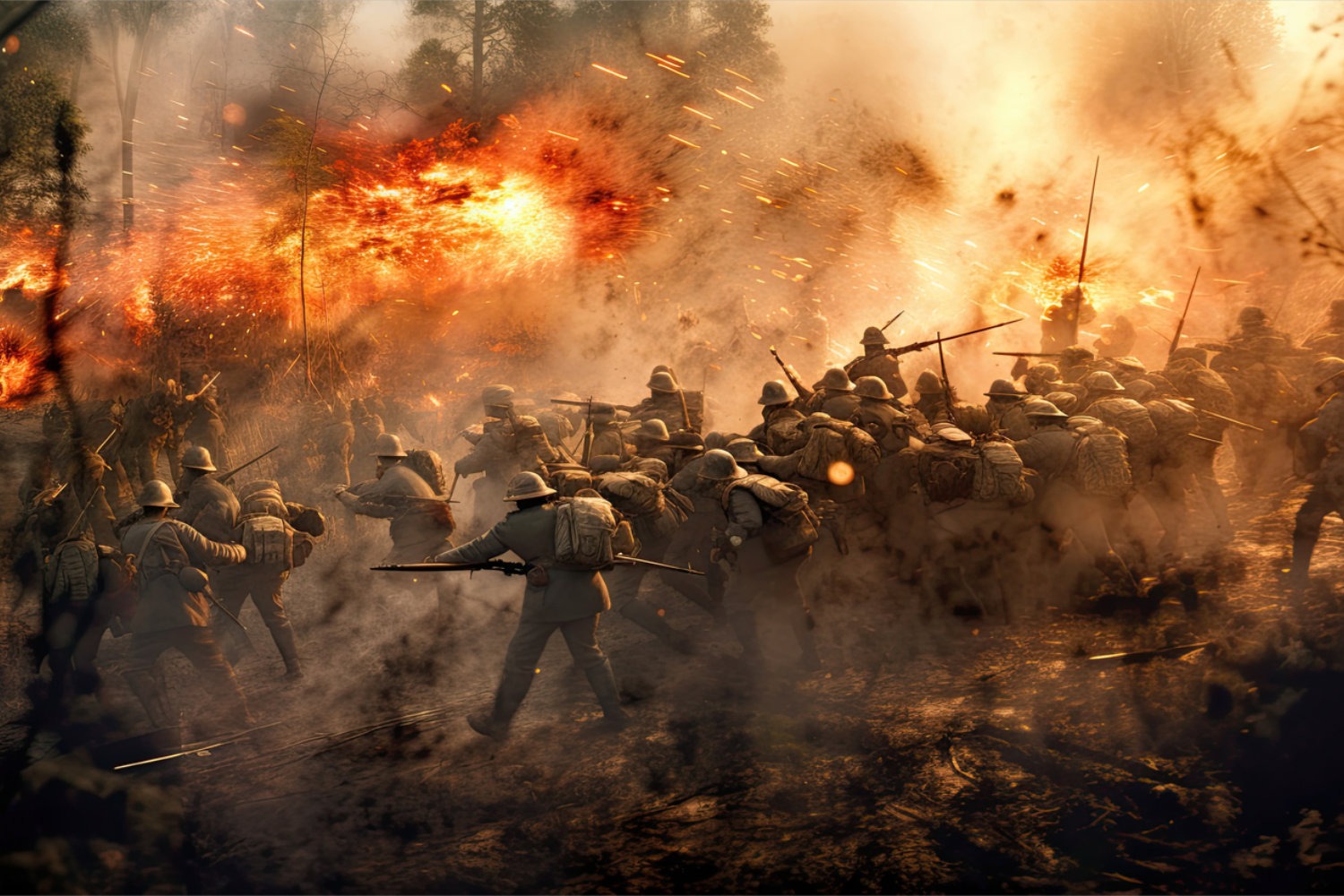 Soldaten stürmen durch Rauch und Feuer über ein Schlachtfeld