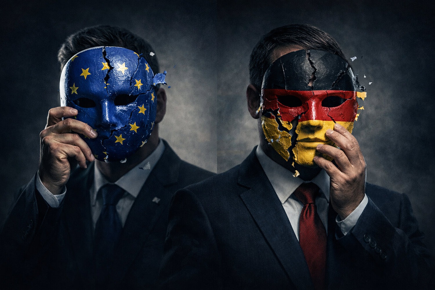 KI-generierte Illustration: Zwei Männer halten sich zerbrechende Masken in Europa- und Deutschlandfarben vors Gesicht