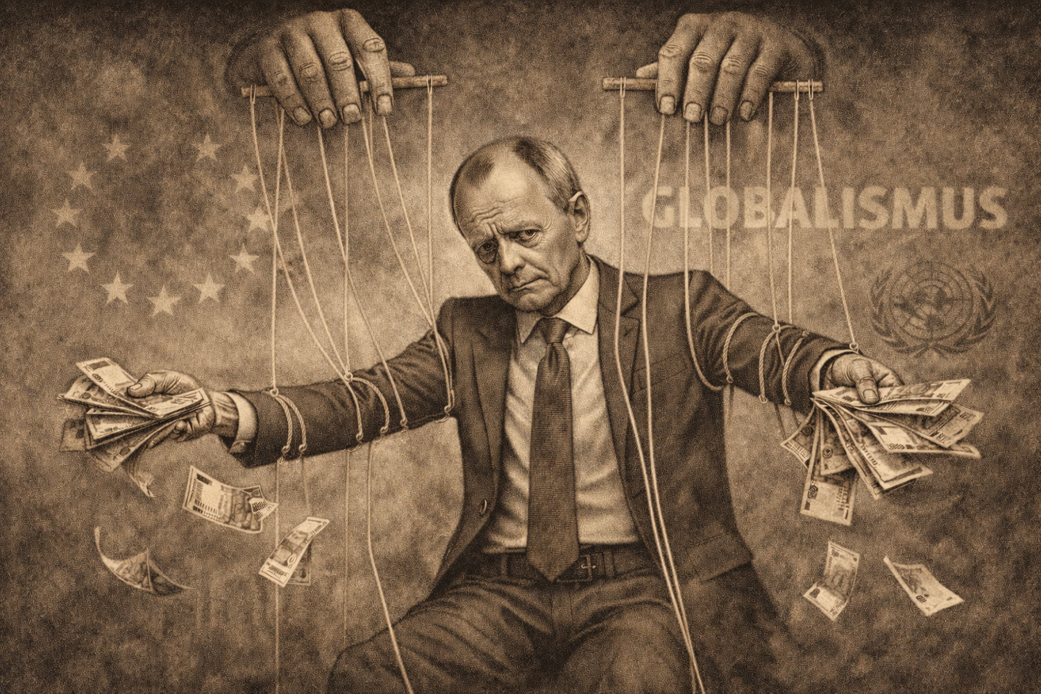 KI-generierte Illustration: Friedrich Merz als Marionette an Fäden, mit Geldscheinen in den Händen, Schriftzug „Globalismus“