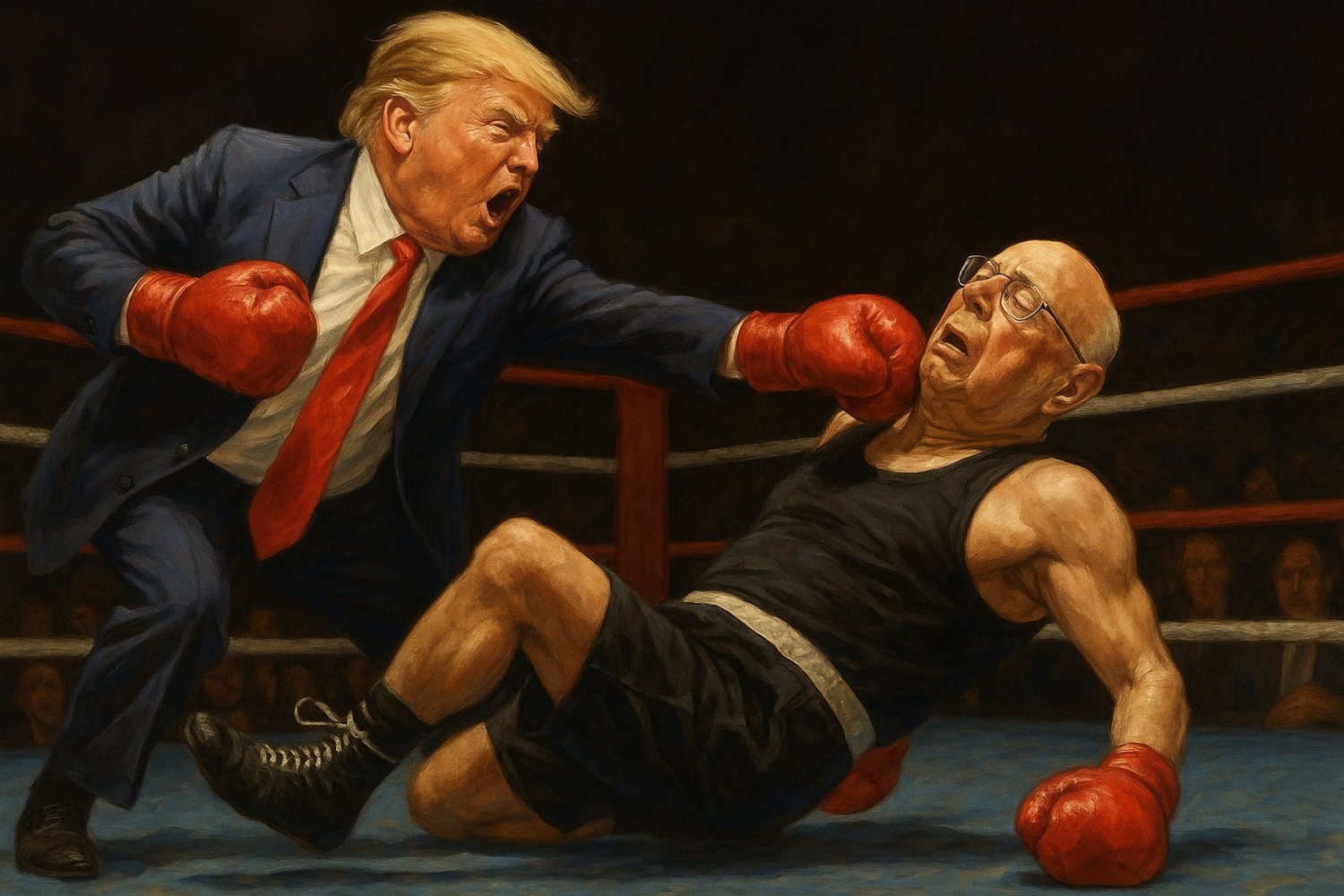 KI-generierte Illustration: Donald Trump schlägt Klaus Schwab im Boxring zu Boden