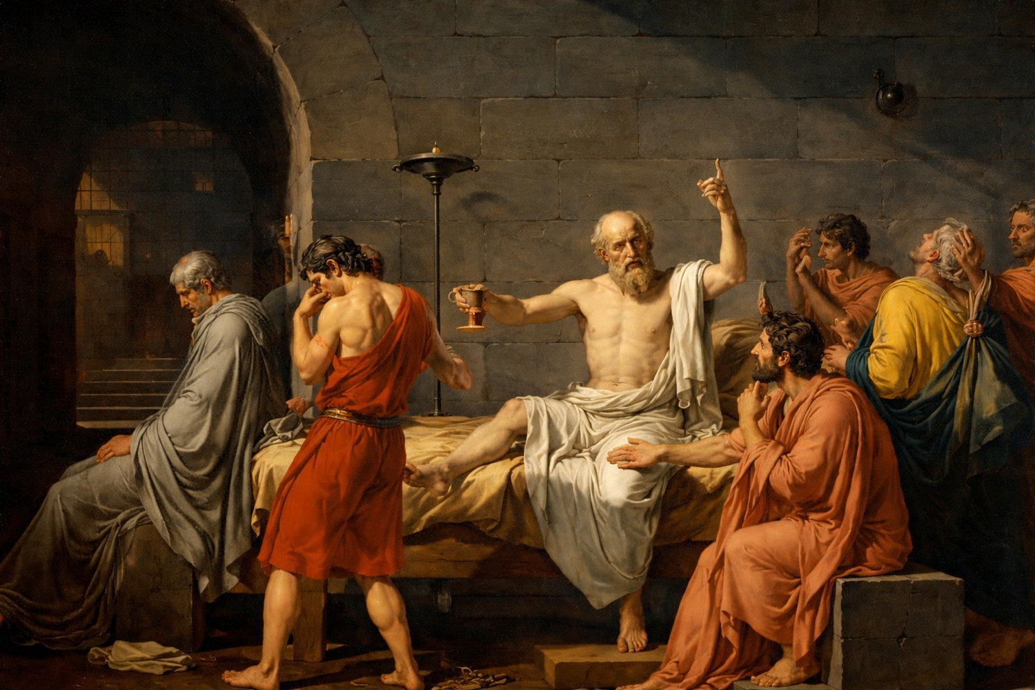 Der Tod des Sokrates nach Jacques-Louis David: Sokrates mit erhobenem Finger und Schierlingsbecher, umringt von Schülern