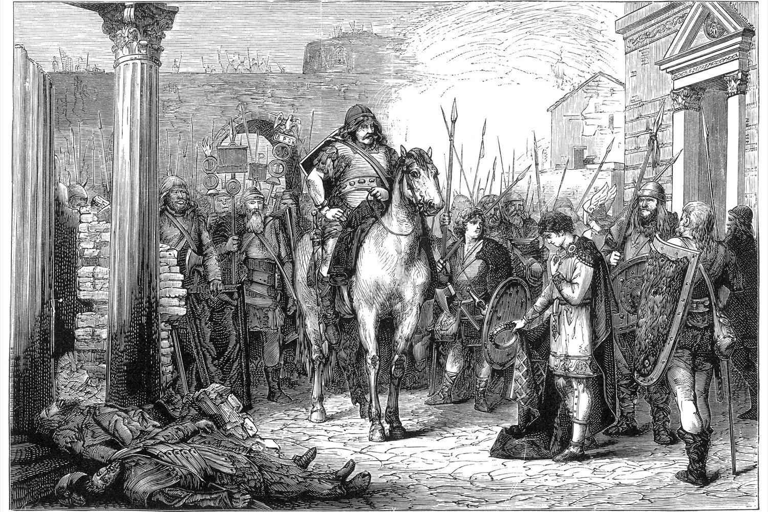 Holzstich, 19. Jahrhundert: Romulus Augustulus übergibt dem Germanen Odoaker die Reichsinsignien