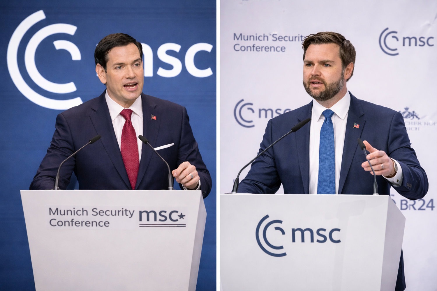 KI-generierte Illustration: Marco Rubio und J. D. Vance jeweils am Rednerpult der Münchner Sicherheitskonferenz