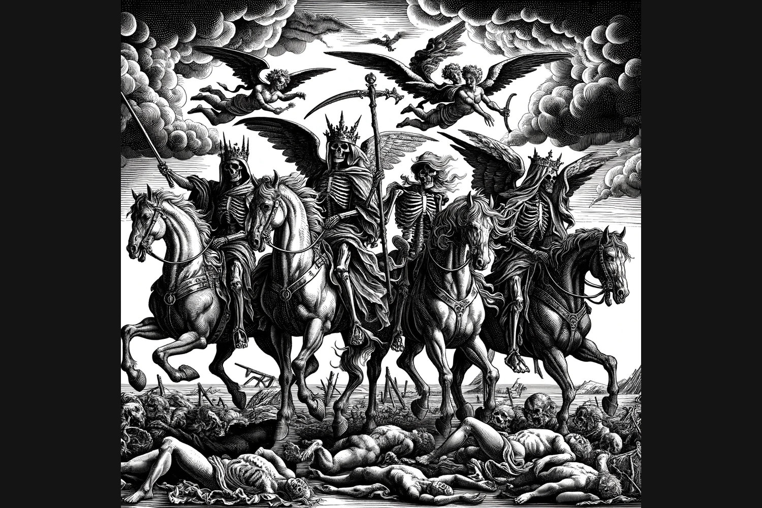 KI-generierte Illustration im Stil eines Holzschnitts: Die vier apokalyptischen Reiter über einem Leichenfeld