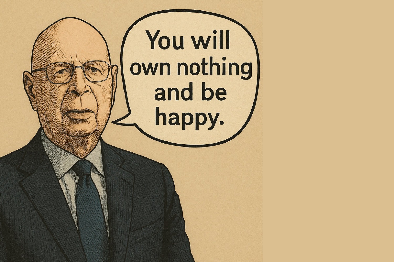 KI-generierte Zeichnung: Klaus Schwab mit der Sprechblase „You will own nothing and be happy“