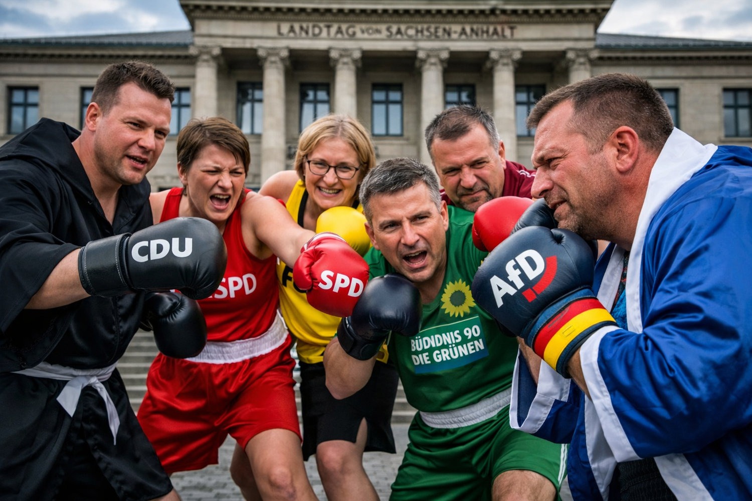 KI-generierte Illustration: Boxer mit den Handschuhen von CDU, SPD, FDP und Grünen gehen gemeinsam auf einen AfD-Boxer los, vor dem Landtag Sachsen-Anhalt