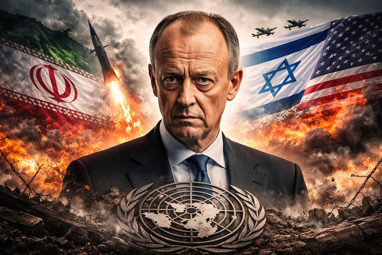 KI-generierte Illustration: Friedrich Merz vor brennender Kulisse zwischen iranischer, israelischer und US-Flagge, darunter das UN-Emblem
