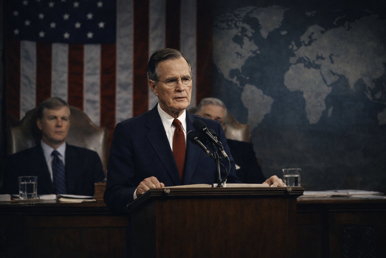 KI-generierte Illustration: George H. W. Bush am Rednerpult 1990 vor US-Flagge und Weltkarte