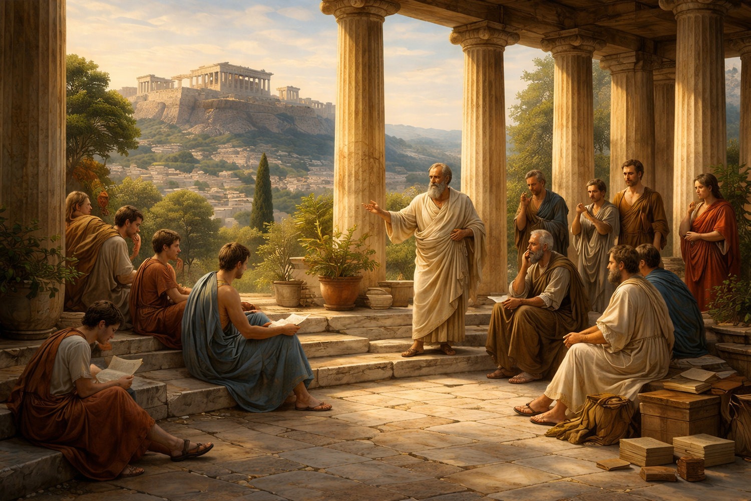 KI-generierte Illustration: Aristoteles lehrt Schüler in einer Säulenhalle, im Hintergrund die Akropolis