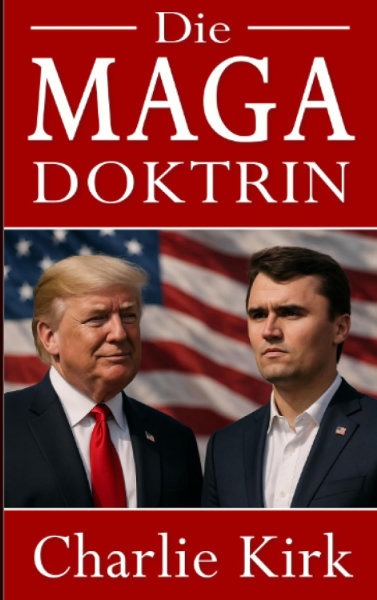 Buchcover: Charlie Kirk – Die MAGA-Doktrin, mit Porträts von Donald Trump und Charlie Kirk