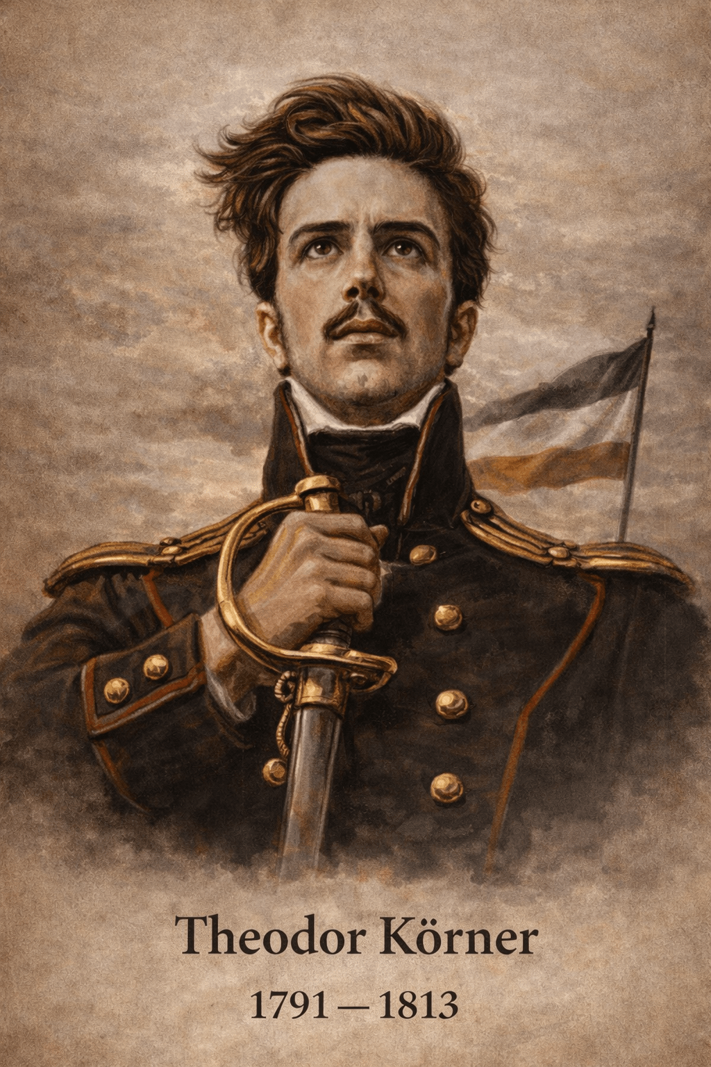 KI-generierte Illustration: Porträt Theodor Körners in Uniform des Lützowschen Freikorps, 1791–1813