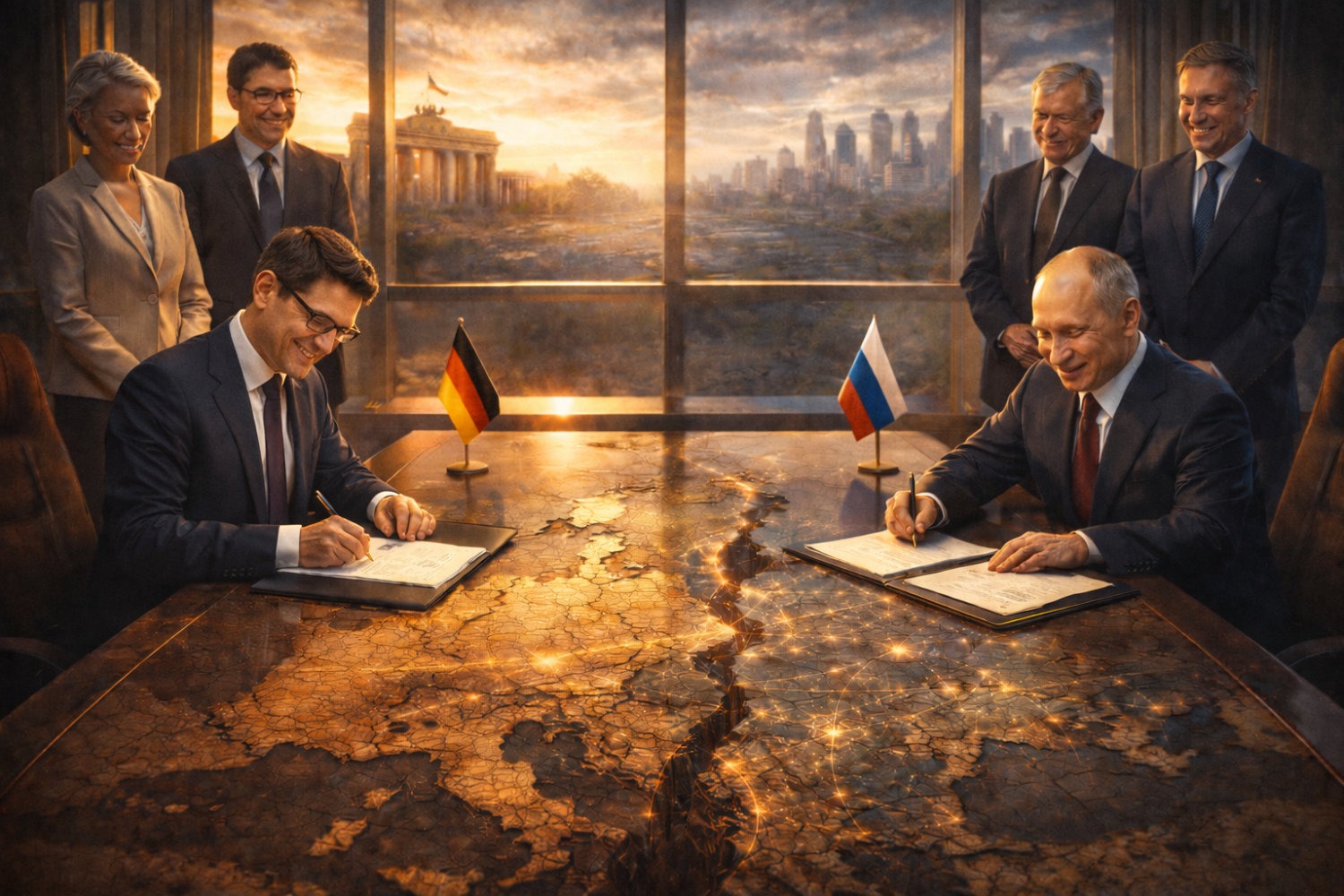 KI-generierte Illustration: Ein deutscher und ein russischer Regierungsvertreter unterzeichnen an einem Tisch mit Europakarte, dahinter Begleiter