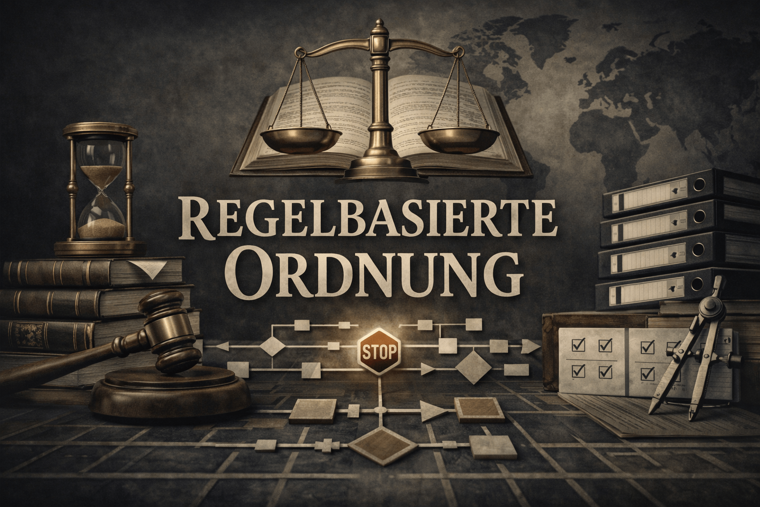 KI-generierte Illustration: Waage, Richterhammer, Sanduhr und Aktenordner um den Schriftzug „Regelbasierte Ordnung“