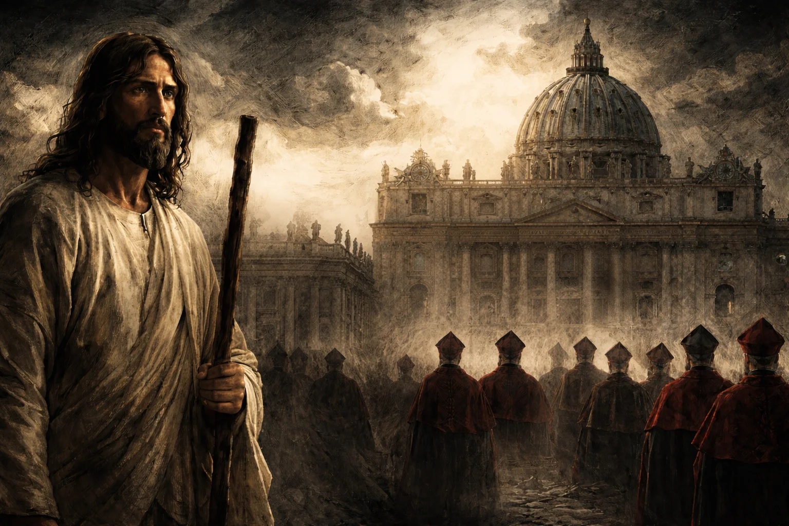 KI-generierte Illustration: Jesus mit Wanderstab vor dem Petersdom, davor eine Reihe Bischöfe