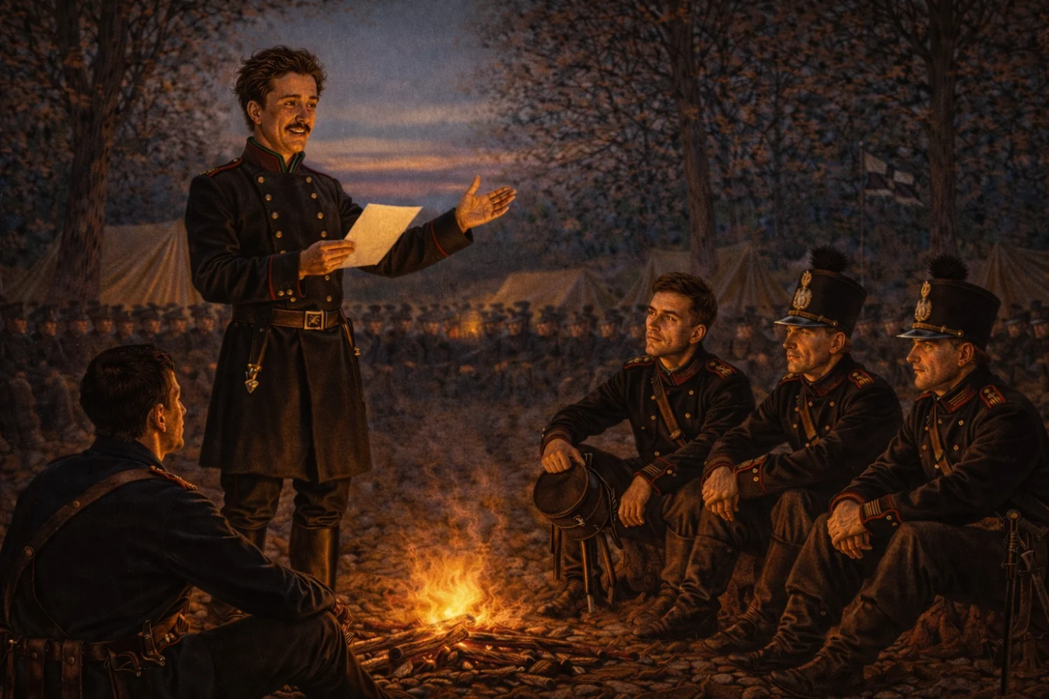 KI-generierte Illustration: Theodor Körner liest Soldaten am Lagerfeuer vor