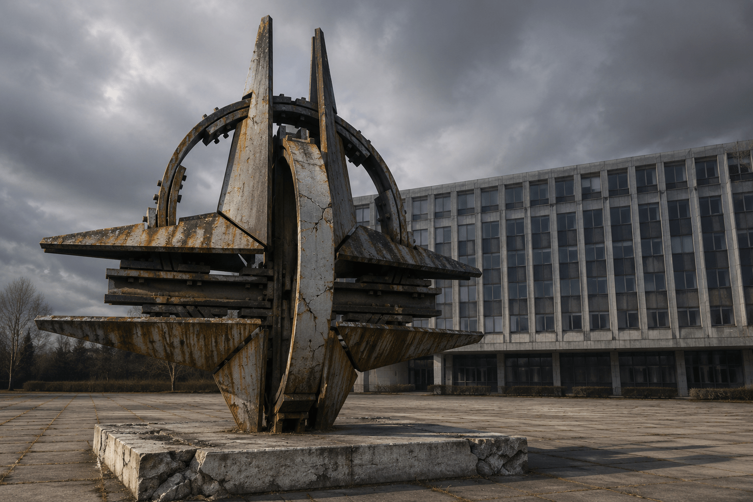 KI-generierte Illustration: Verwittertes NATO-Sternemblem als Monument vor einem Bürogebäude unter grauem Himmel