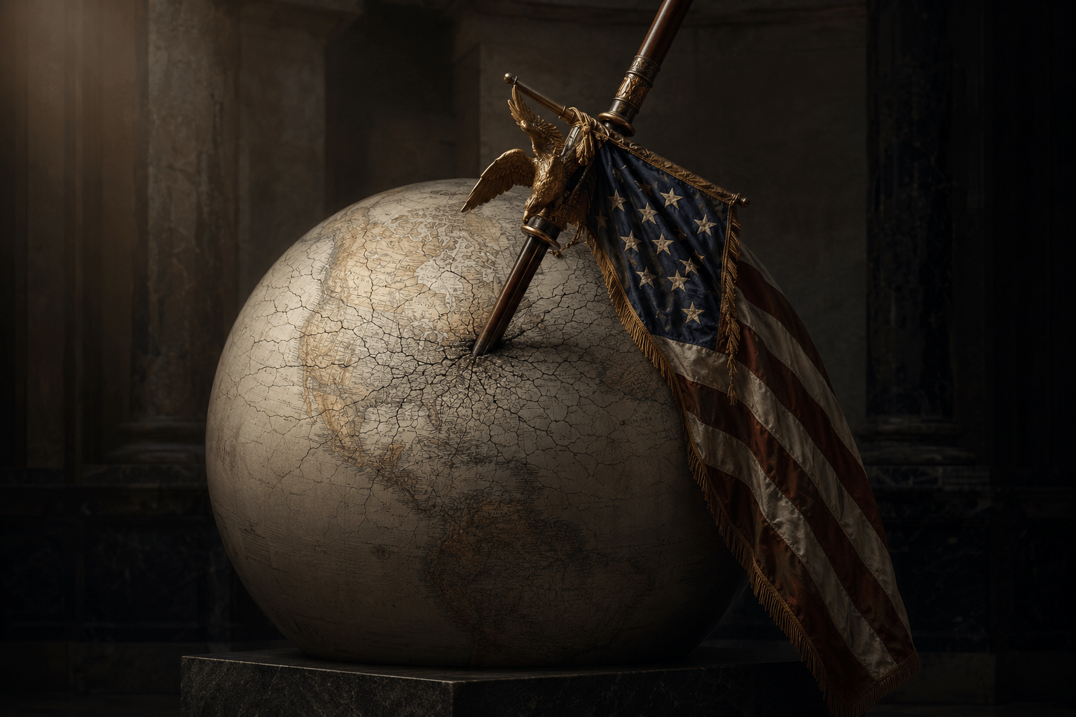 KI-generierte Illustration: Steinerner Globus, in den eine Fahnenstange mit US-Flagge gerammt ist