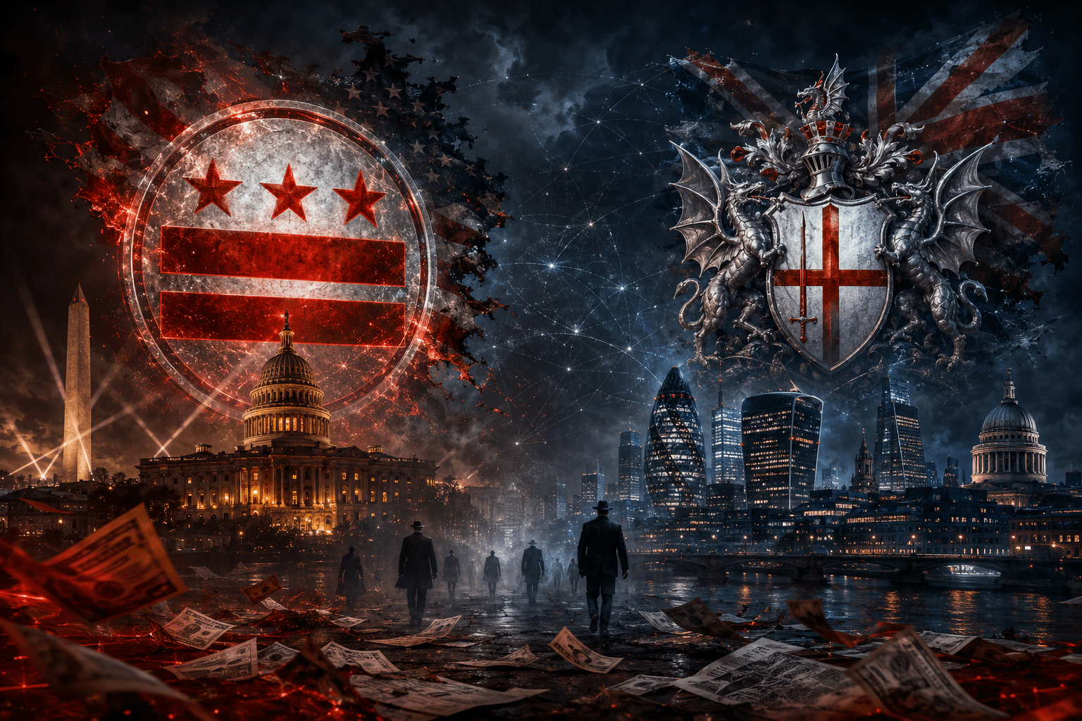 KI-generierte Illustration: Die Wappen von Washington D.C. und der City of London über den nächtlichen Silhouetten beider Städte, davor verstreute Geldscheine
