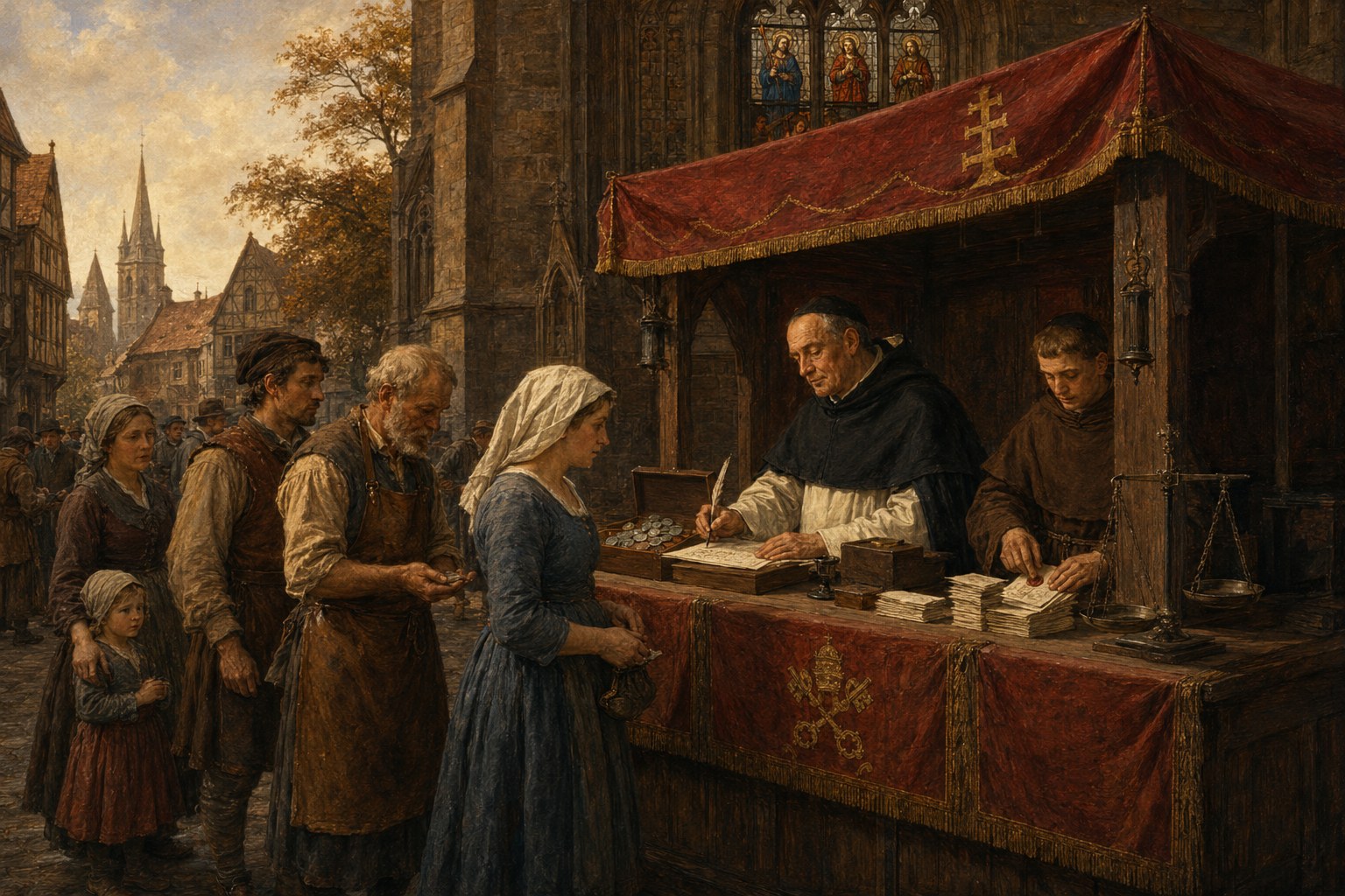 KI-generierte Illustration: Gläubige stehen vor einem Ablassstand, an dem ein Mönch Geld entgegennimmt und Ablassbriefe ausstellt
