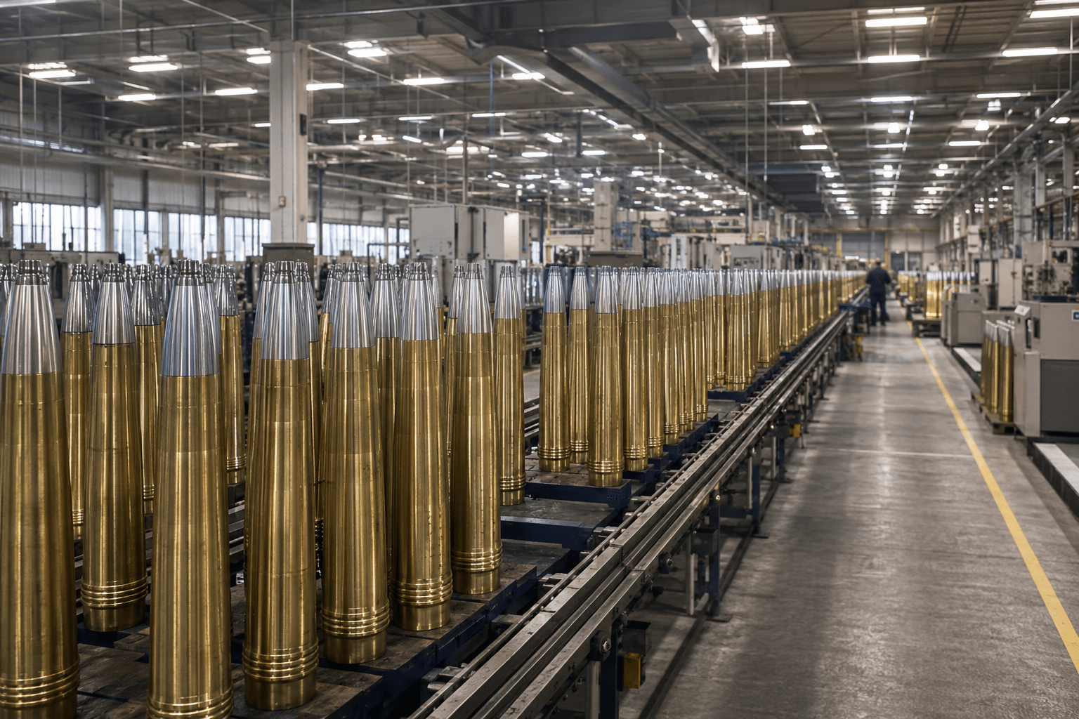 Reihen von 155-mm-Artilleriegranaten in einer Produktionshalle