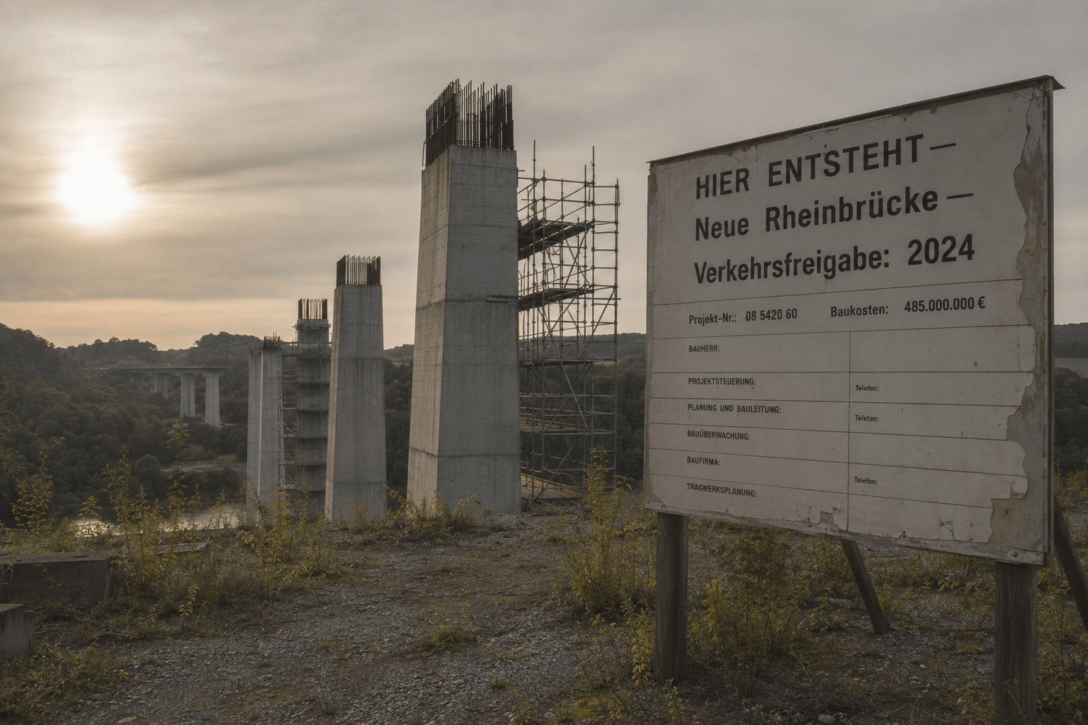 KI-generierte Illustration: Unvollendete Brückenpfeiler neben einem verwitterten Bauschild „Neue Rheinbrücke – Verkehrsfreigabe: 2024“