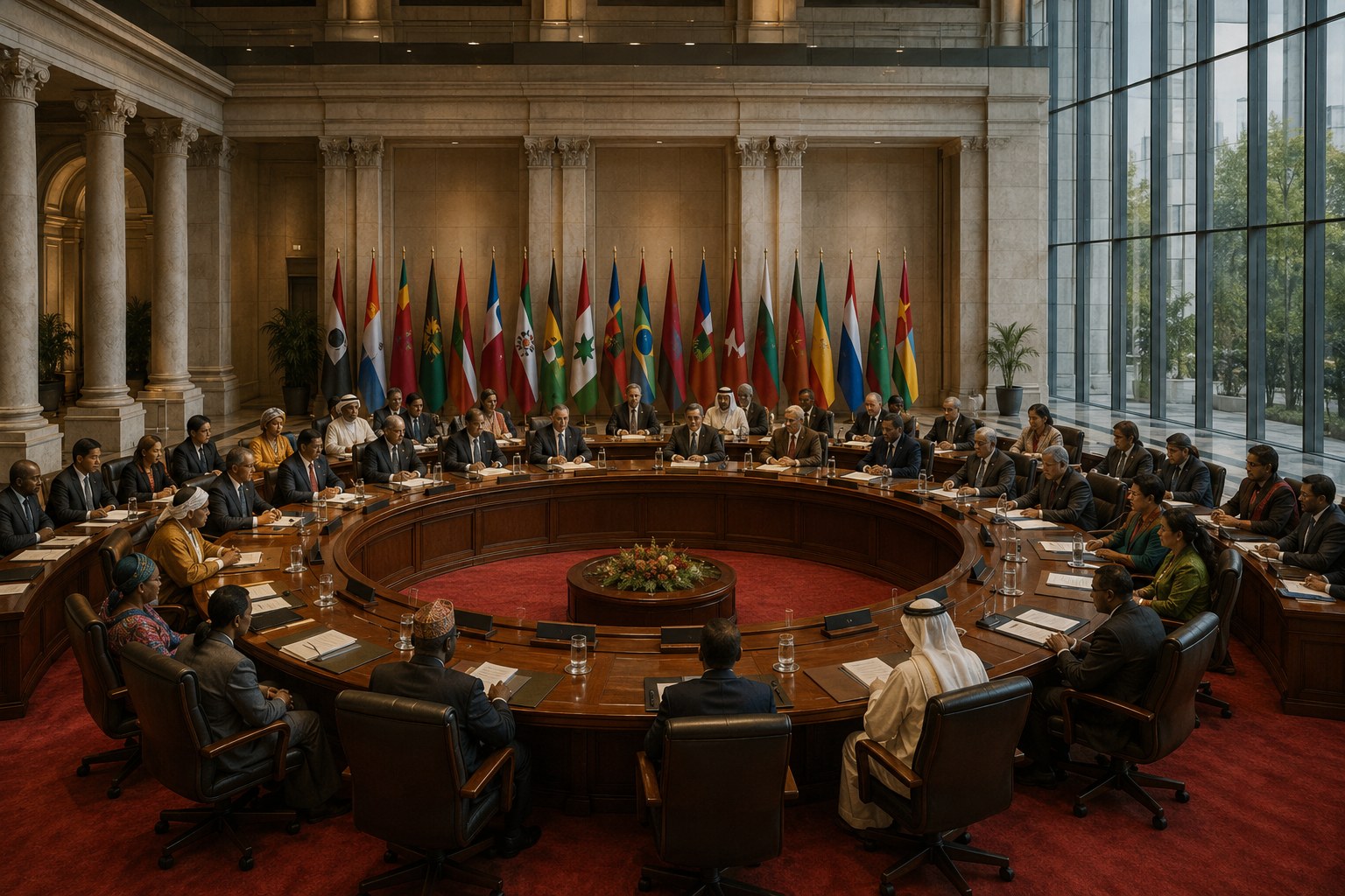 KI-generierte Illustration: Delegierte des erweiterten BRICS-Verbunds an einem runden Konferenztisch vor ihren Nationalflaggen