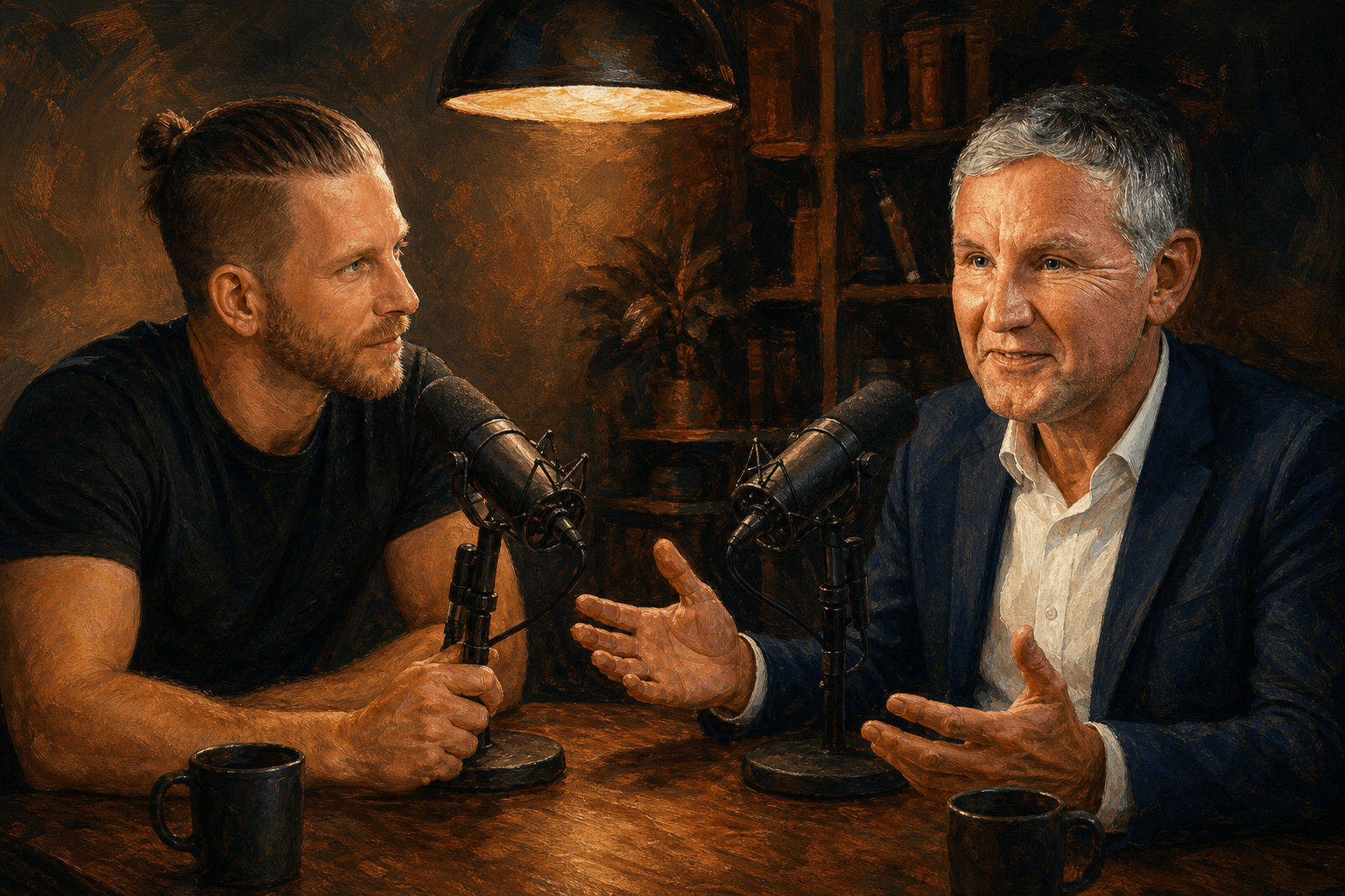 KI-generierte Illustration im Stil eines Gemäldes: Björn Höcke und Podcaster Ben Berndt im Gespräch an Mikrofonen