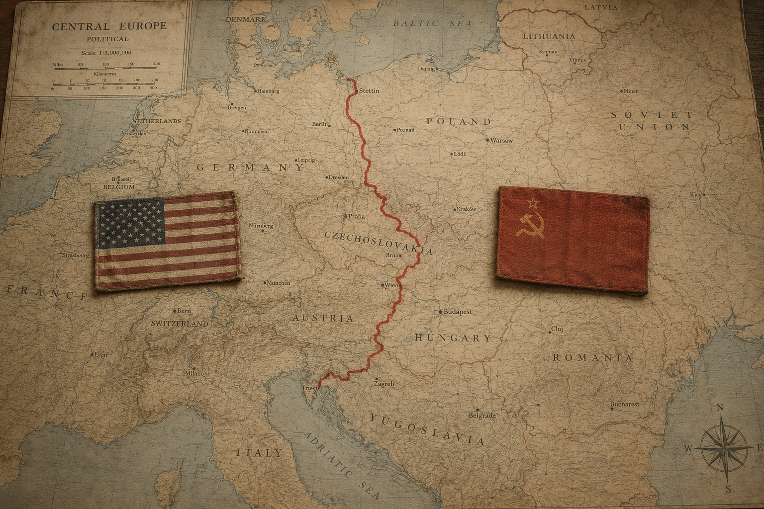 KI-generierte Illustration: Alte Mitteleuropakarte mit roter Trennlinie, links die US-Flagge, rechts die Sowjetflagge