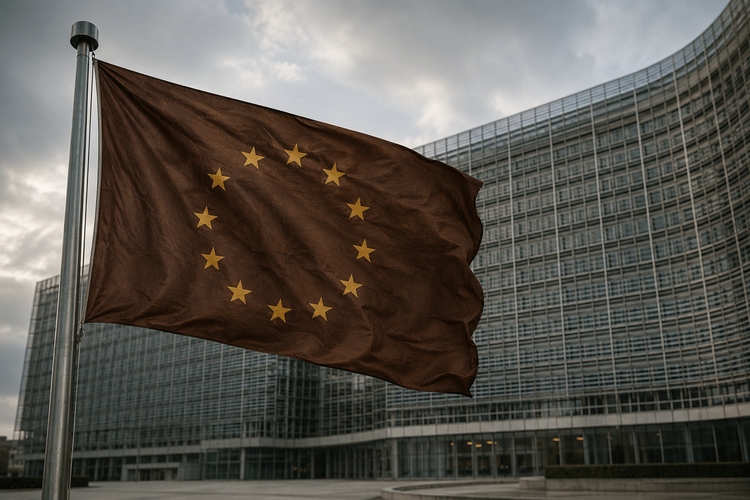 KI-generierte Illustration: Eine braune Flagge mit dem EU-Sternenkranz weht vor dem Berlaymont-Gebäude der EU-Kommission