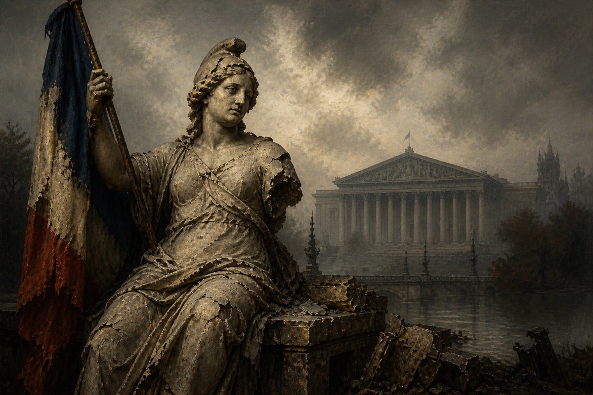 KI-generierte Illustration: Verwitterte Marianne-Statue mit zerschlissener Trikolore vor der Nationalversammlung in Paris