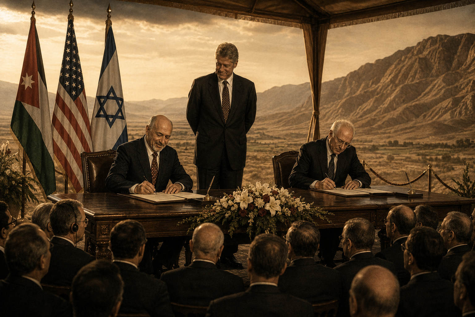 KI-generierte Illustration: Unterzeichnung eines Friedensvertrags unter freiem Himmel vor jordanischer, amerikanischer und israelischer Flagge