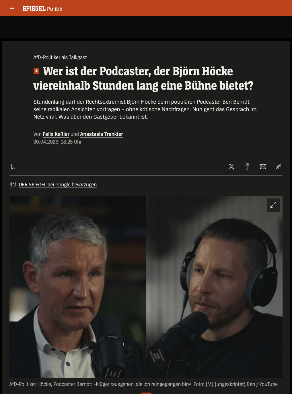 Screenshot eines Spiegel-Artikels über den Podcaster Ben Berndt und sein Gespräch mit Björn Höcke