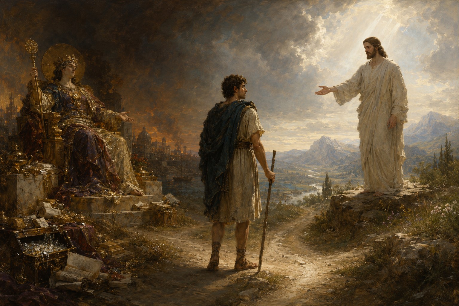 KI-generierte Illustration: Ein Wanderer steht am Scheideweg zwischen einer thronenden Gestalt voller Reichtümer und Jesus im Licht