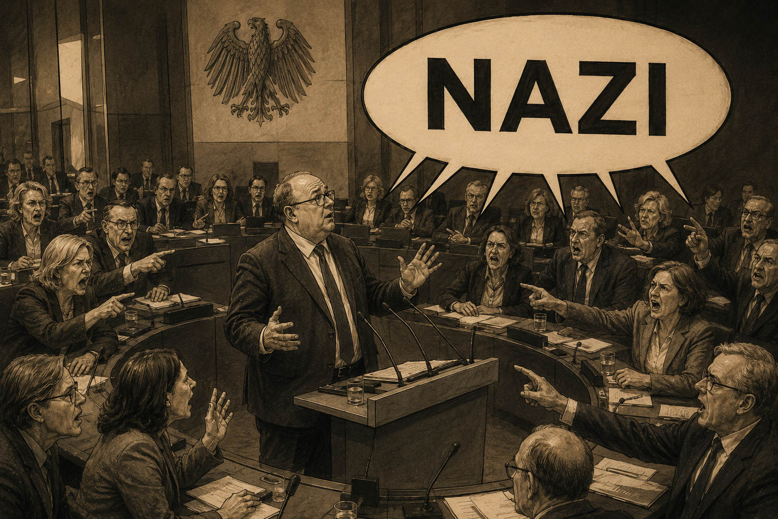 KI-generierte Illustration: Ein Redner im Plenum wird von zeigenden Abgeordneten umringt, darüber eine Sprechblase „NAZI“