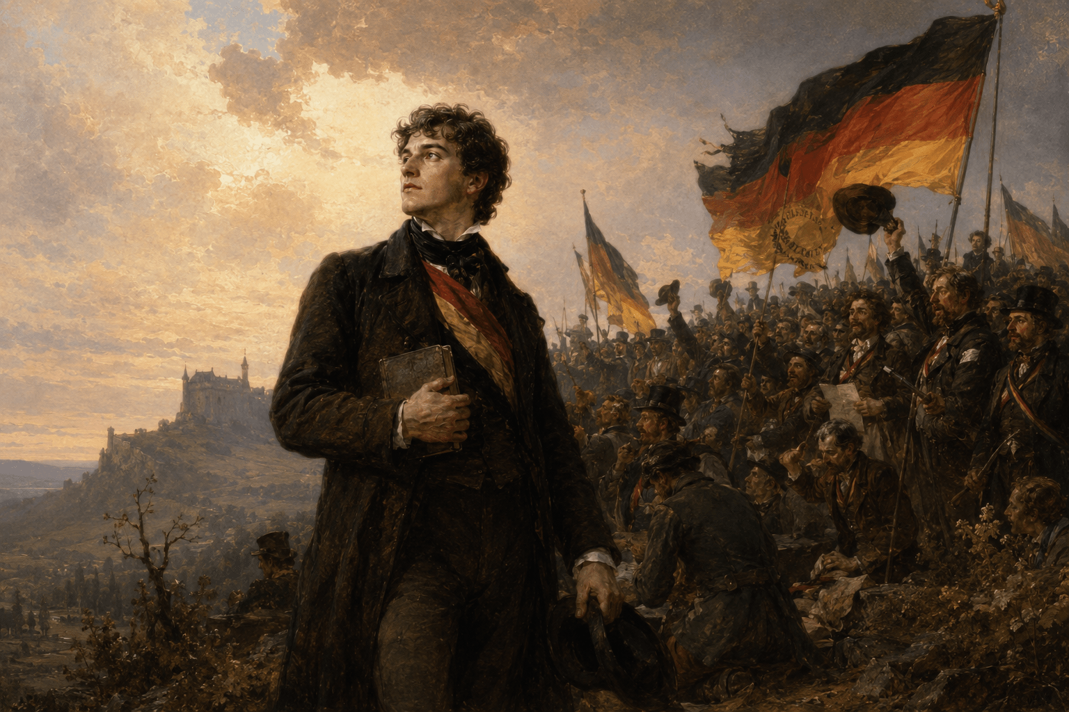 KI-generierte Illustration im Stil eines Gemäldes: Junger Mann mit Buch vor einer Menge mit schwarz-rot-goldenen Fahnen, im Hintergrund eine Burg
