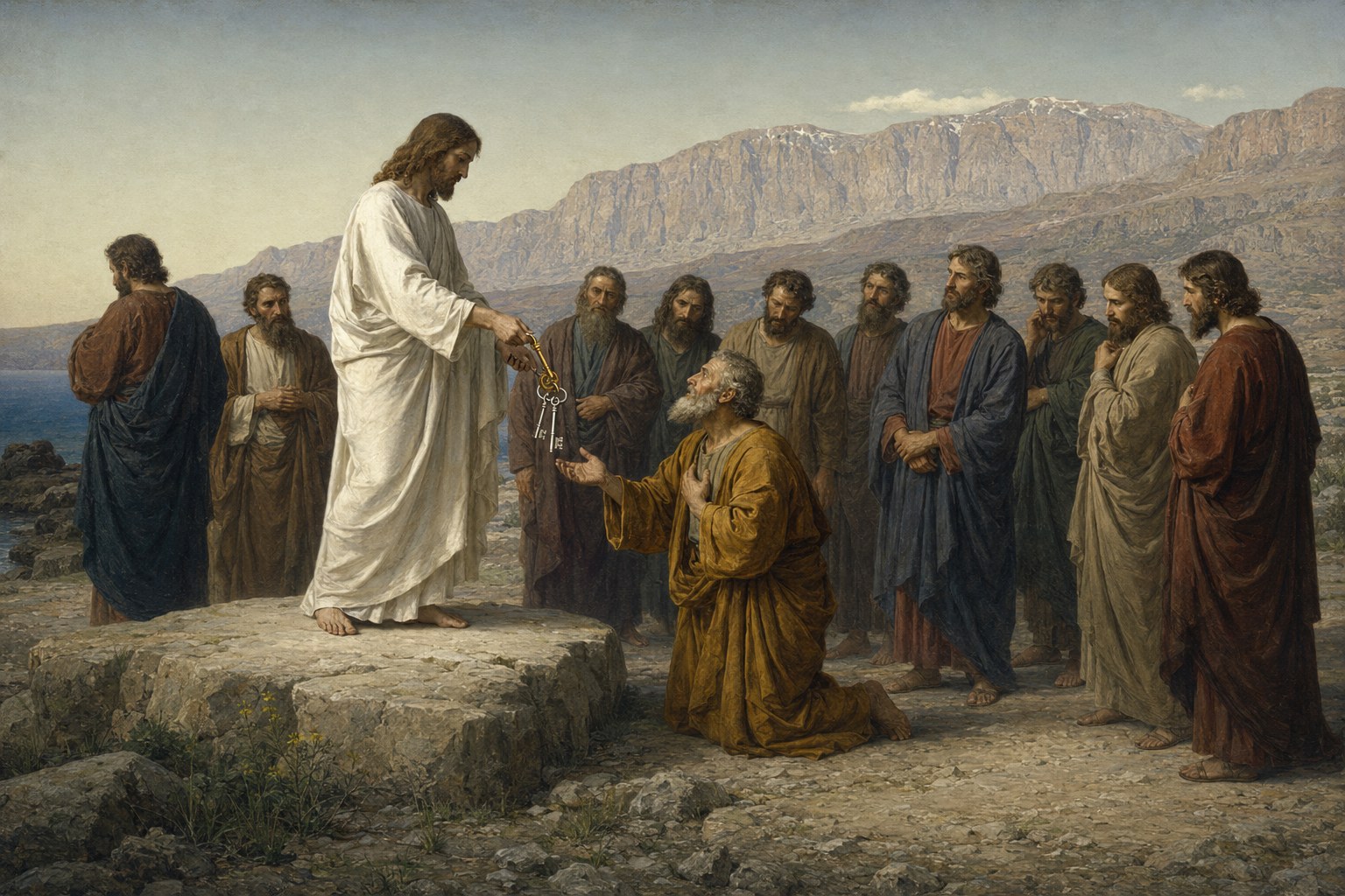 KI-generierte Illustration: Jesus überreicht dem knienden Petrus auf einem Felsen die Schlüssel, umringt von den Aposteln