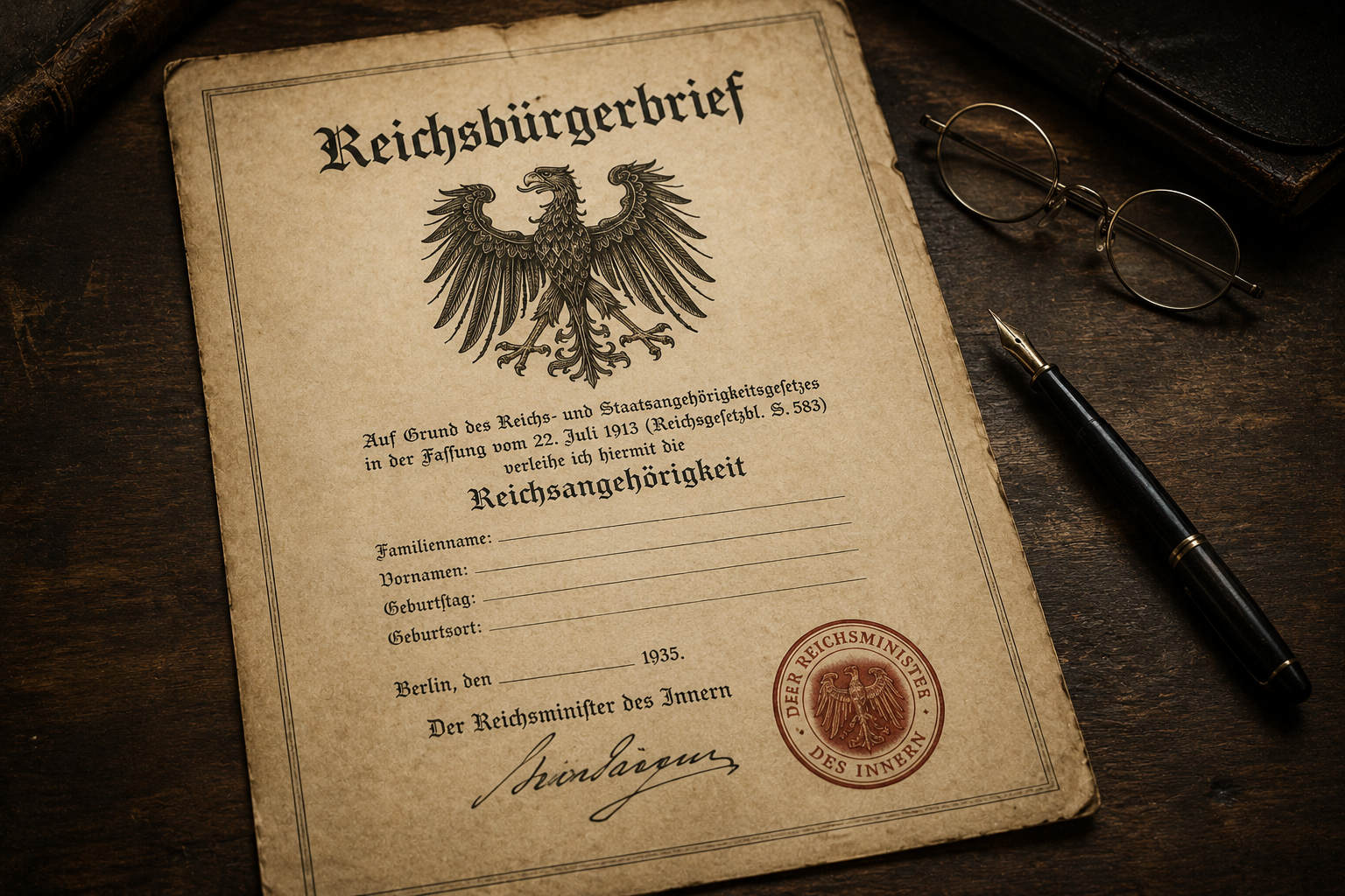 KI-generierte Illustration: Fiktiver „Reichsbürgerbrief“ mit Reichsadler und Siegel auf einem Schreibtisch
